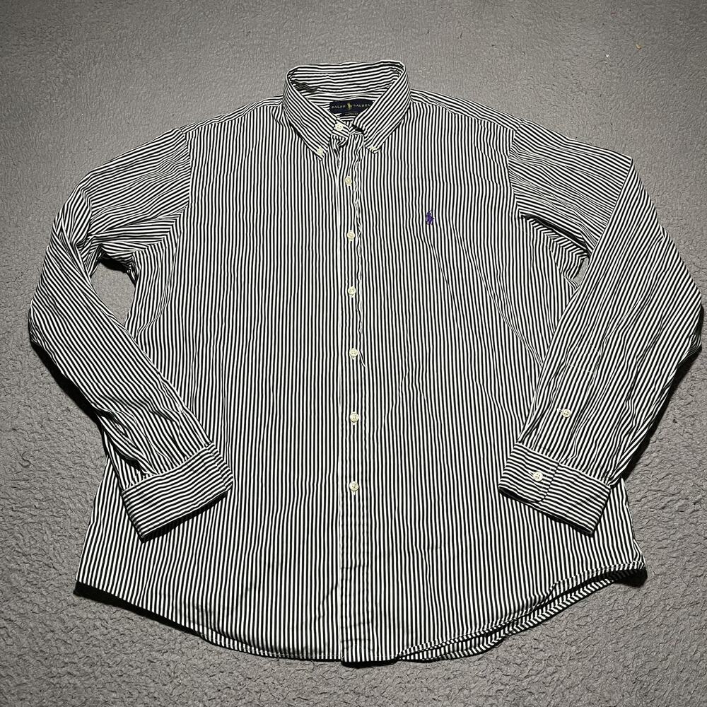 Ralph Lauren Shirt Mens XL Custom Fit Long Sleeve Green Stripe Cotton Pony Logo